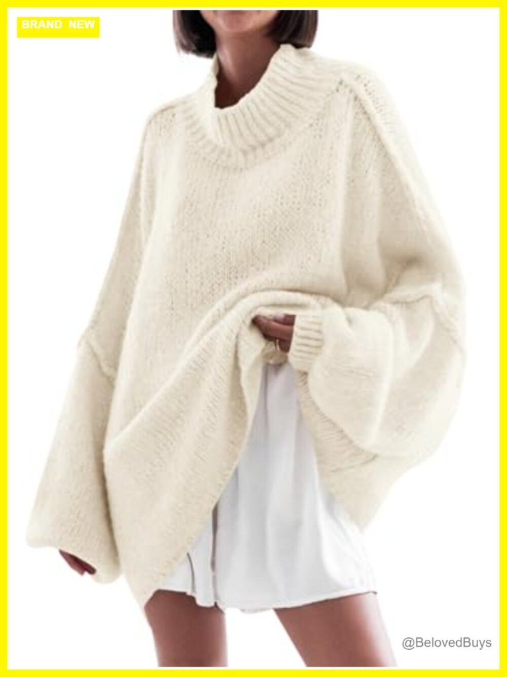 Oversized Mock Neck Tunic Sweater Ribbed Knit Batwing Long Sleeve